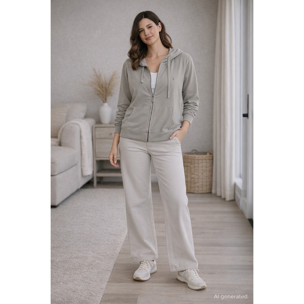 All Saints Womens Hoodie Size‎ S Beige Zip Up Lightweight Minimalist Athleisure